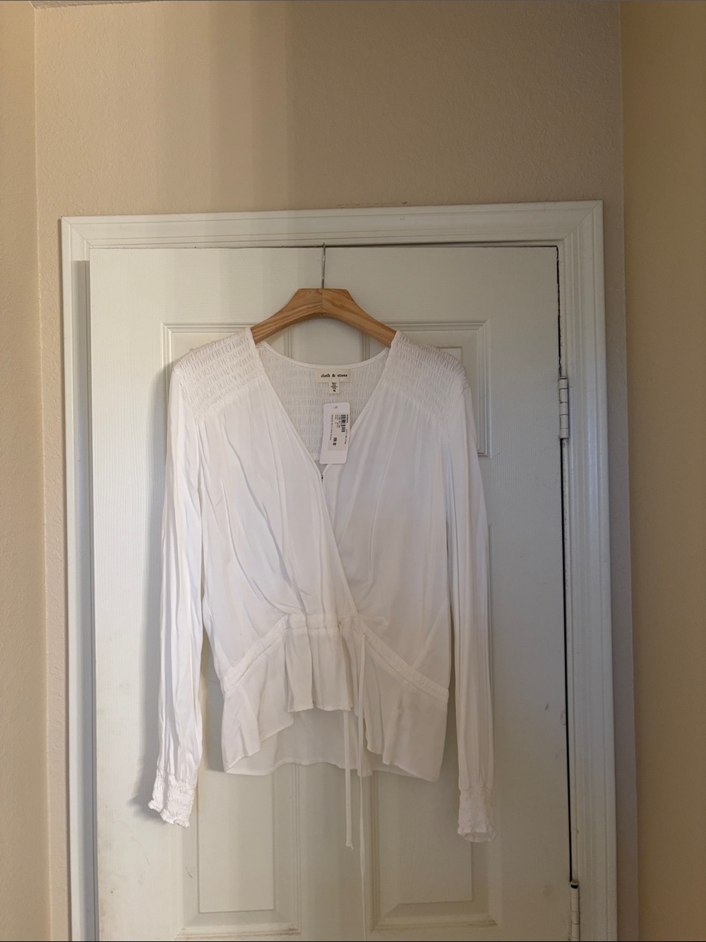 cloth & stone White Wrap Blouse with Smocked Shoulders